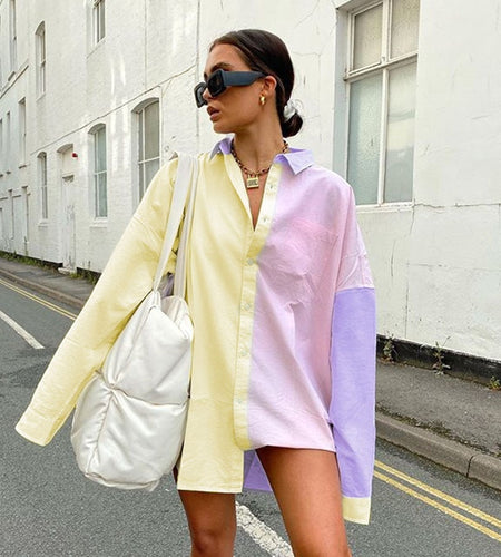 Casual Plus Size Colorblock Turn Down Collar Oversized Long Sleeve Blouse