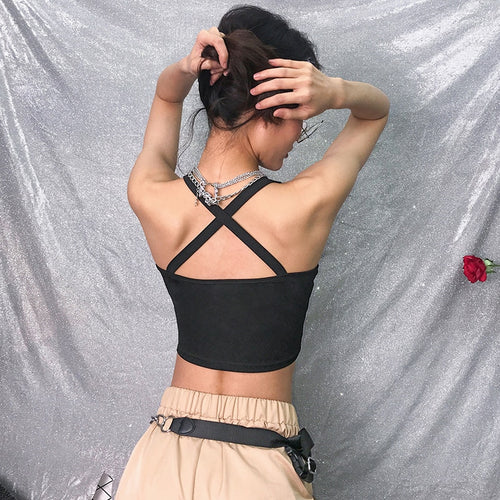 Load image into Gallery viewer, Criss Cross Spaghetti Strap Crop Top With Buckle Dragon Embroidery Cute Tank Top Sleeveless
