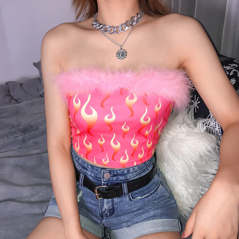Feather Patchwork Strapless Sexy Bralette Crop Top Pink Flaming Fire Print Sleeveless