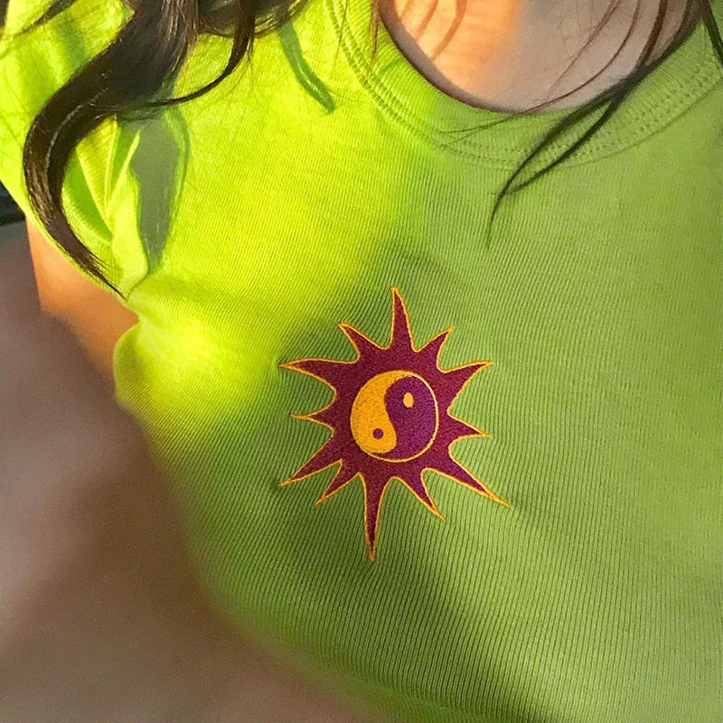 Green Cute Crop Top Gossip Sun Print Summer O-Neck Short Sleeve Tees