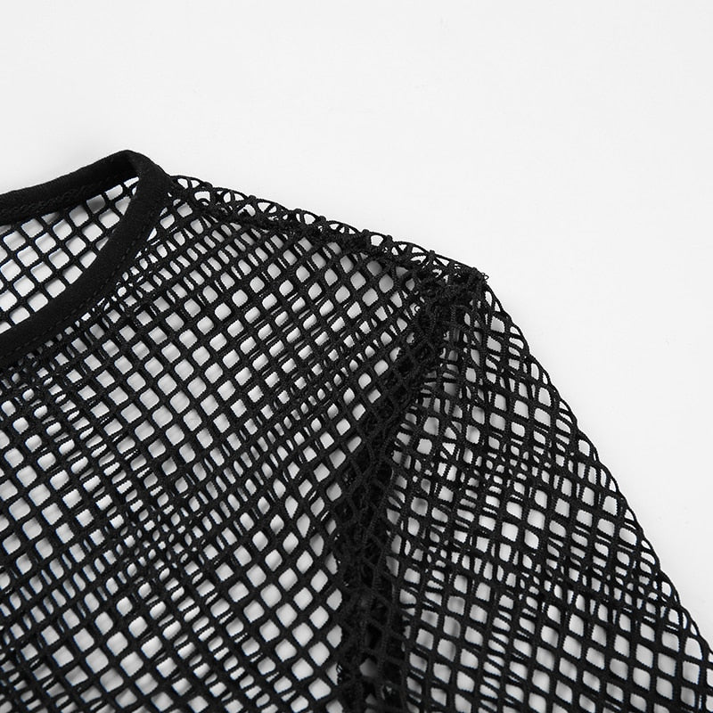 Harajuku Mesh Fishnet Crop Top See Through Sexy Black Transparent Long Sleeve