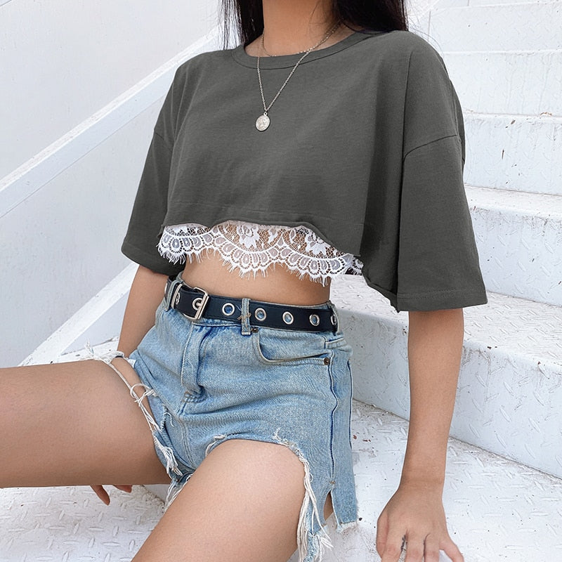 Lace Patchwork Summer Crop Top Casual Leisure Outfit Short Sleeve O-neck Tees