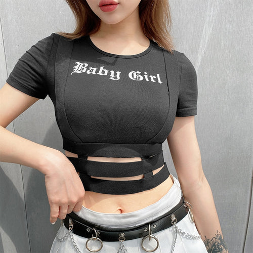 Load image into Gallery viewer, Patchwork Ribbon Hollow Out Gothic Crop Top Female Short Sleeve Summer Tshirt Letter Print Black Streetwear Top Tees
