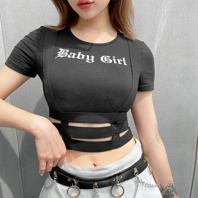 Patchwork Ribbon Hollow Out Gothic Crop Top Female Short Sleeve Summer Tshirt Letter Print Black Streetwear Top Tees