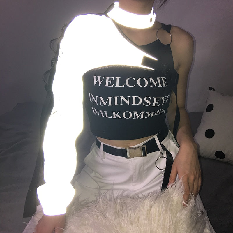 Punk Gothic Reflective Crop Top T Shirt With Buckle Sexy Choker Collar One Shoulder Summer Tops For Women Streetwear