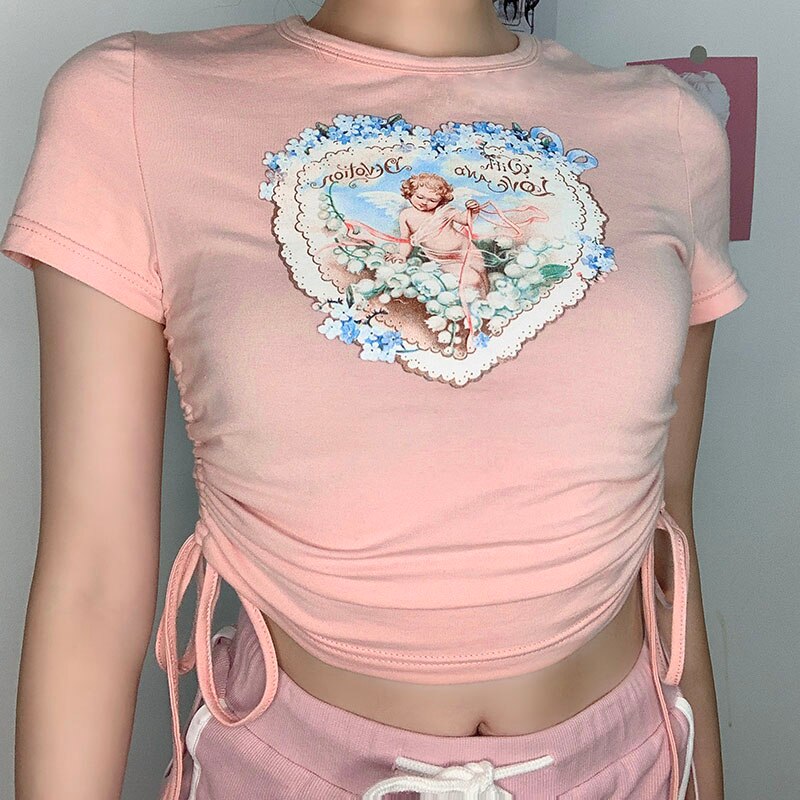 Kpop Short Sleeve Angel Print Casual Drawstring Pink Cropped Tees