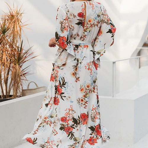 Load image into Gallery viewer, Sexy V-neck Floral Print Elegant Long Sleeve Asymmetrical Sundress Summer Long Maxi Dress
