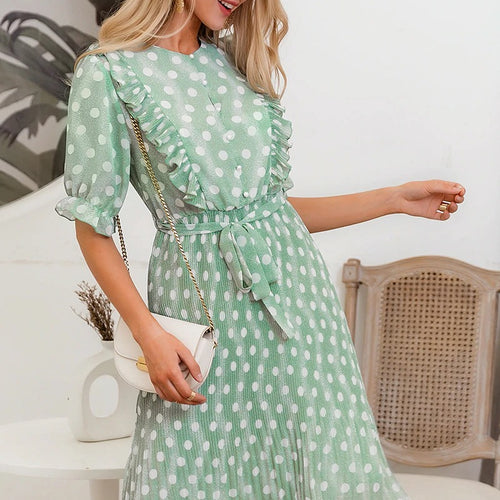 Load image into Gallery viewer, Elegant Dot Print Summer Short Sleeve Ruffle Sash Pearl Buttons A-line Midi Dress

