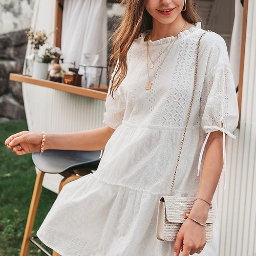Load image into Gallery viewer, Embroidery Lace Up Bow White Dress Summer Beach Vintage Ruffle Short Puff Dress
