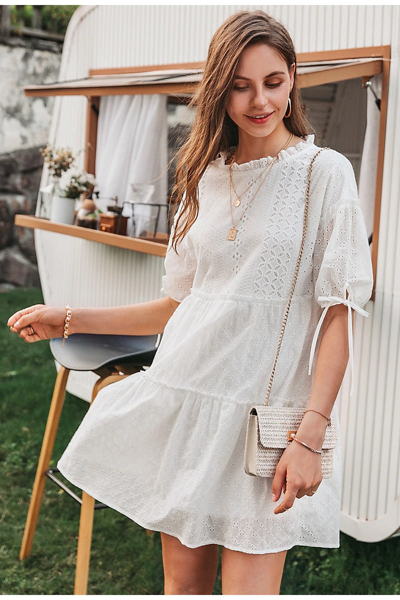 Embroidery Lace Up Bow White Dress Summer Beach Vintage Ruffle Short Puff Dress
