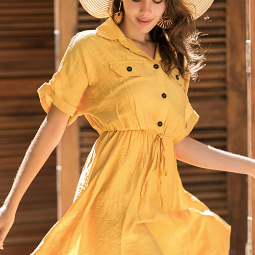 Load image into Gallery viewer, Elegant Office Solid Buttons Loose Sleeve Shirt Sundress Midi Dress
