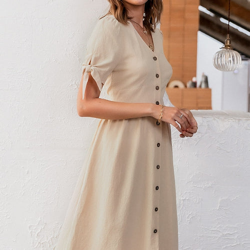 Load image into Gallery viewer, Sexy V-neck Cotton Summer Elegant Buttons Puff Sleeve Office Midi Dress
