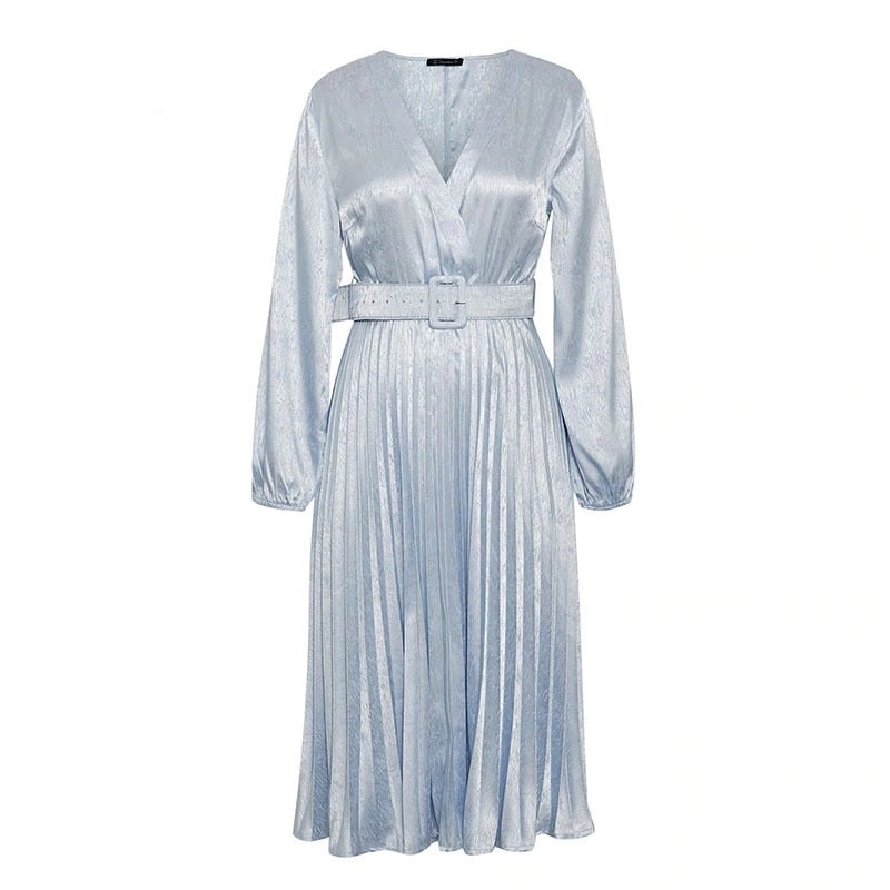 Elegant Blue Pleated A line Floral Printed Long Sleeve Blazer Dress