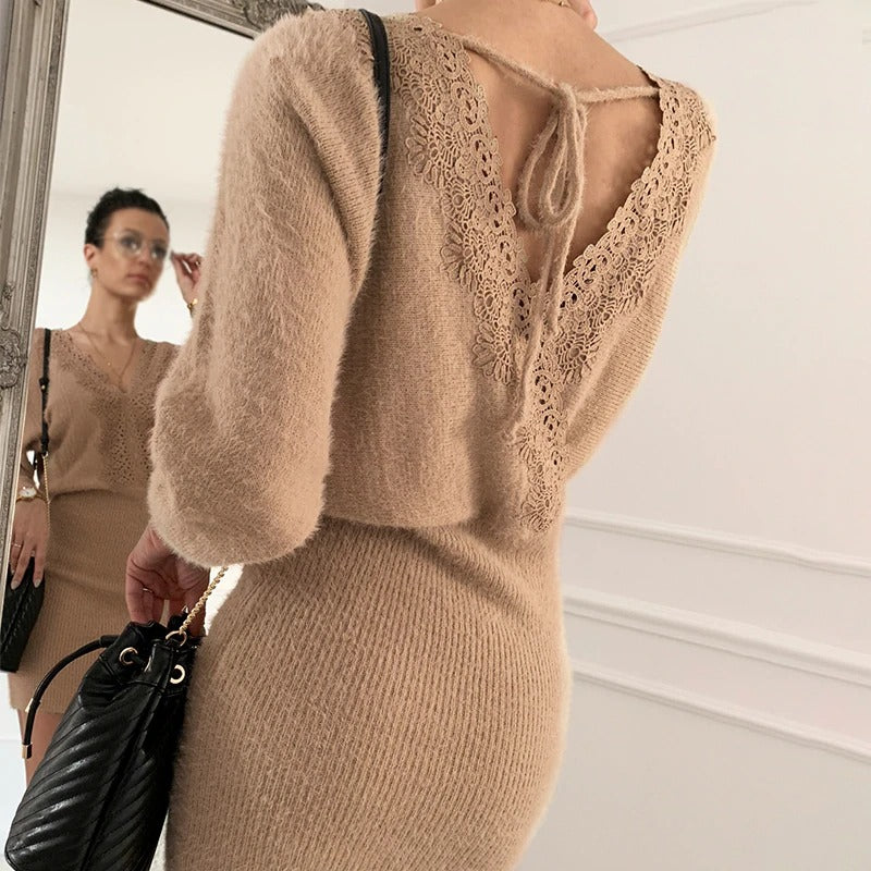 Sexy Khaki Knitted Backless V-neck Lace Up Bodycon Short Office Dress