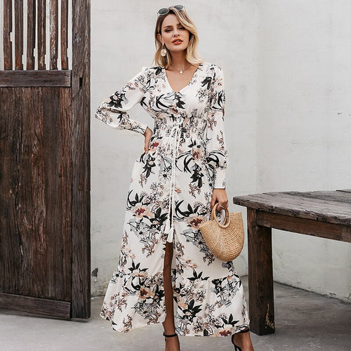 Load image into Gallery viewer, Beach Floral Summer Bohemian Lantern Sleeve Tassel Maxi Buttons Belted Long Dress
