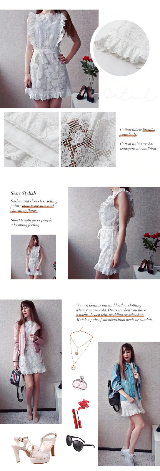 Elegant Embroidery Lace Hollow Out Sash Ruffle White Summer Slim Sexy Party Dress