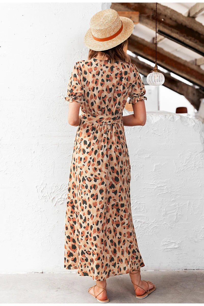 Sexy V-neck Leopard Print Short Sleeve High Waist Summer Ruffled Beach Wear Maxi Dress