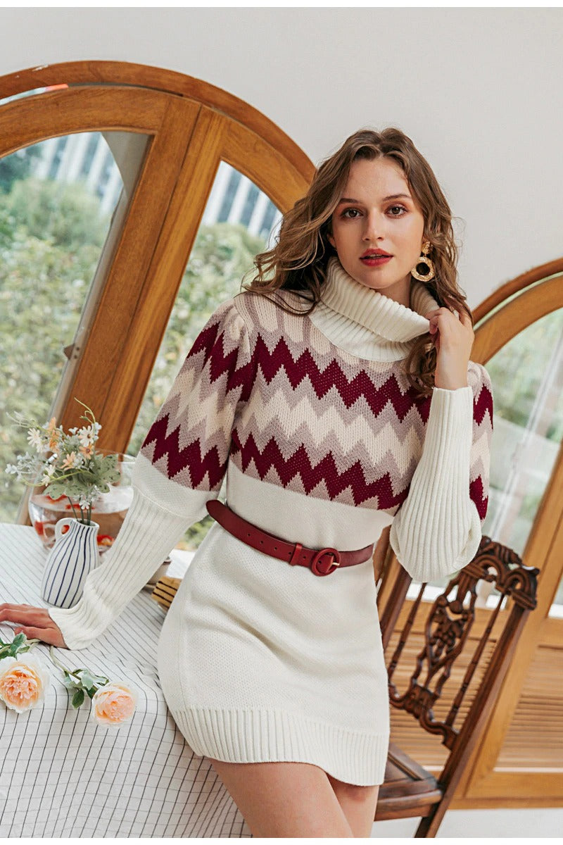 Casual Turtleneck Knitted Puff Sleeve Hit Mini Sweater Dress