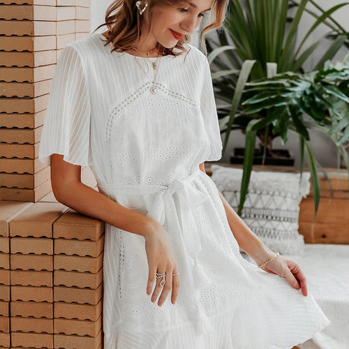 Load image into Gallery viewer, Casual White Summer Ruffle Elegant Cotton Embroidery Mini Dress
