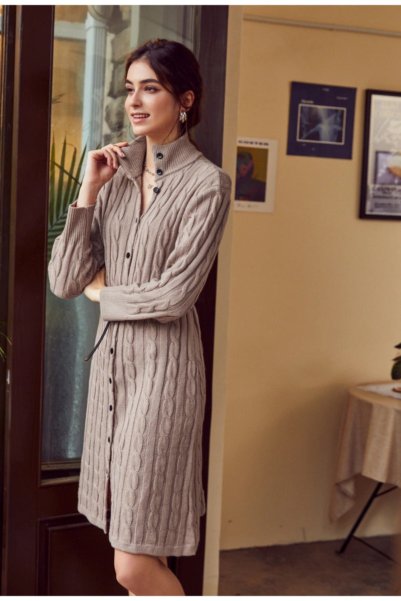 Casual Solid Sweater Cozy Long Sleeve Button High Street Knitted Dress
