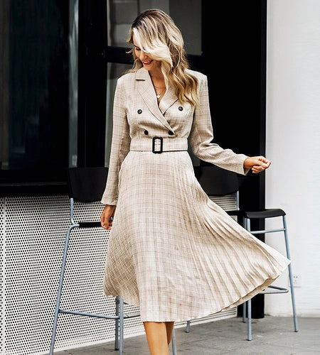 A-line V-neck Blazer Midi Elegant Long Sleeve Button Sash Blazer Pleated Office Dress