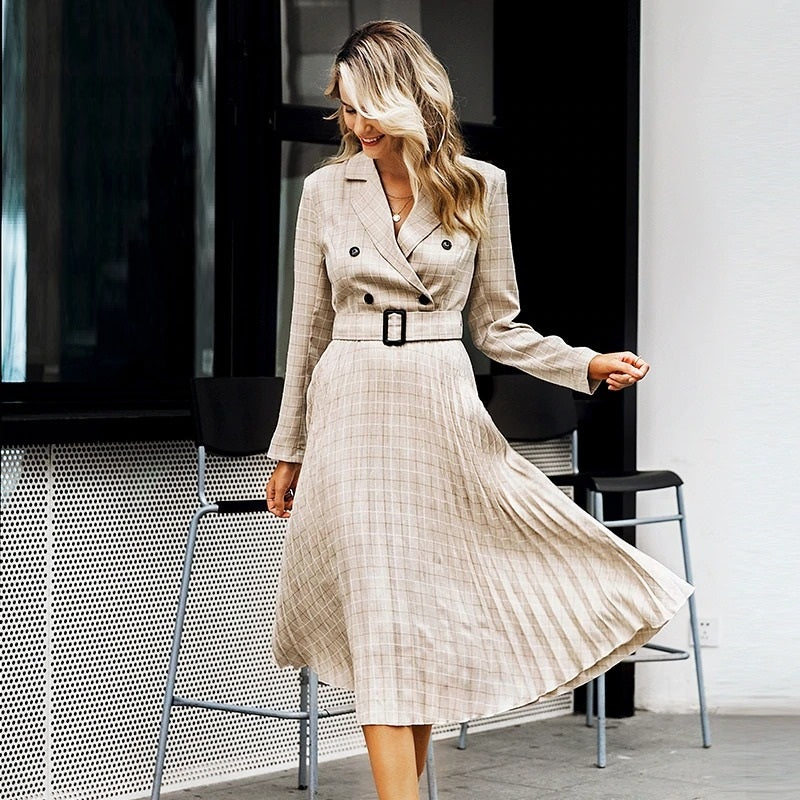 A-line V-neck Blazer Midi Elegant Long Sleeve Button Sash Blazer Pleated Office Dress