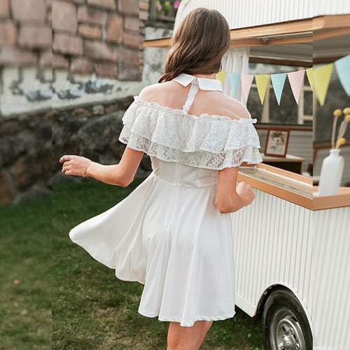 Load image into Gallery viewer, Elegant Cotton Lace Long Lantern Sleeve Ruffle A-line White Short Hollow Out Dress
