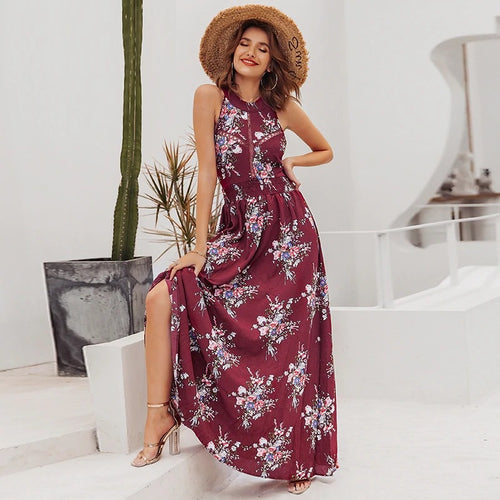 Load image into Gallery viewer, Halter Backless Summer Hollow Out Sleeveless Elegant High Waist Boho Floral Maxi Dress
