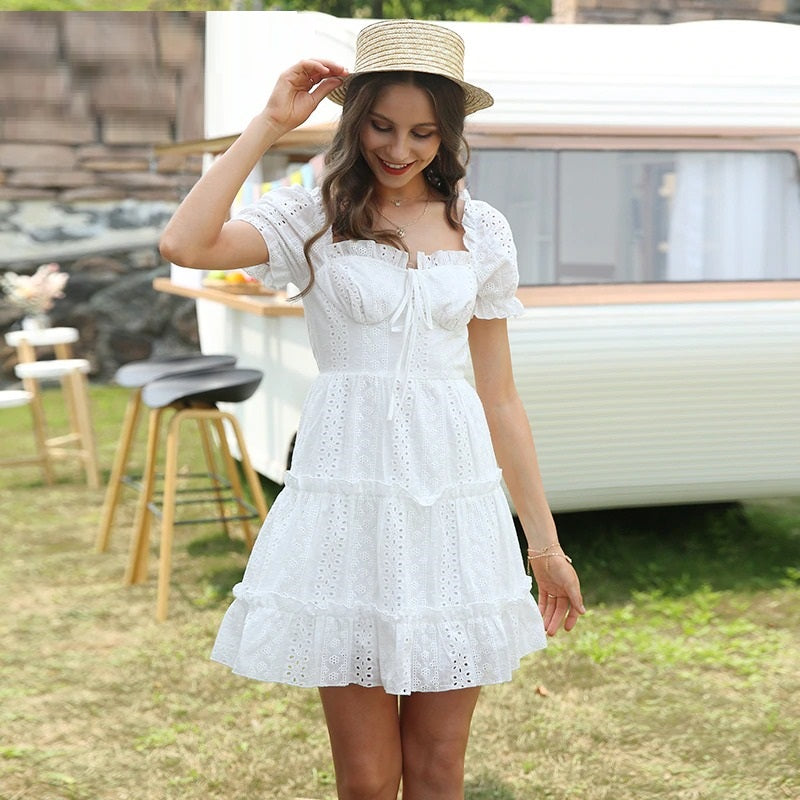 Summer Off Shoulder Puff Sleeve Fitted Cotton Embroidery A-line Elegant Dress