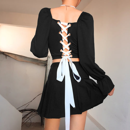 Load image into Gallery viewer, Black Cross Bandage Crop Top Butterfly Sleeve Square Collar Gothic Long Sleeve

