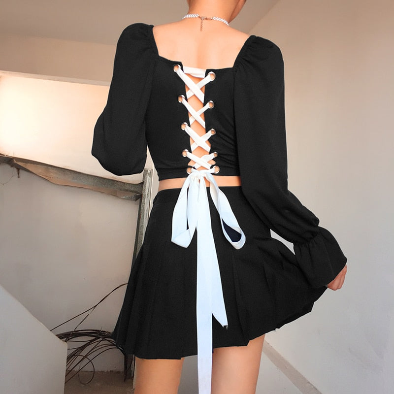 Black Cross Bandage Crop Top Butterfly Sleeve Square Collar Gothic Long Sleeve