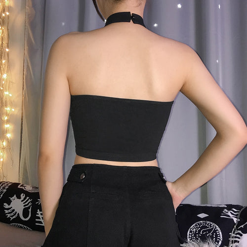 Load image into Gallery viewer, Black Backless Sexy Punk Gothic Crop Top Choker Collar Patchwork Sleeveless
