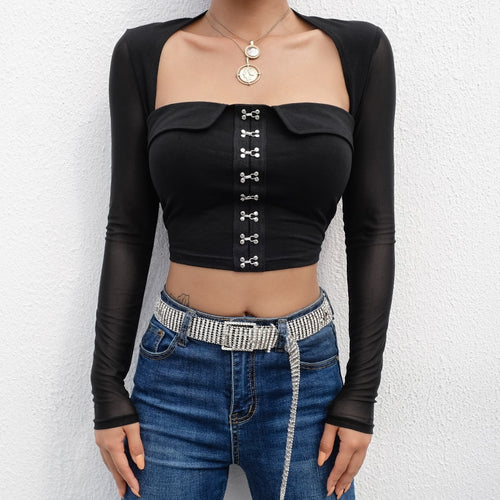 Load image into Gallery viewer, Black Vintage Crop Top Square Collar Sequined Mesh Patchwork Long Sleeve
