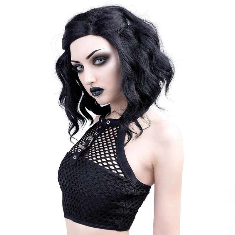 Black Mesh Patchwork Gothic Choker Collar With Metal Button Backless Sexy Punk Crop Top