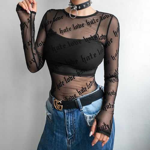 Load image into Gallery viewer, Black Transparent Sexy Summer Mesh Gothic Letter Printed Long Sleeve
