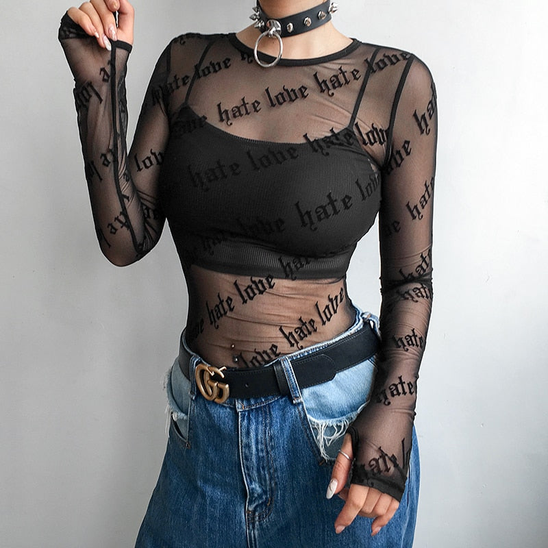 Black Transparent Sexy Summer Mesh Gothic Letter Printed Long Sleeve
