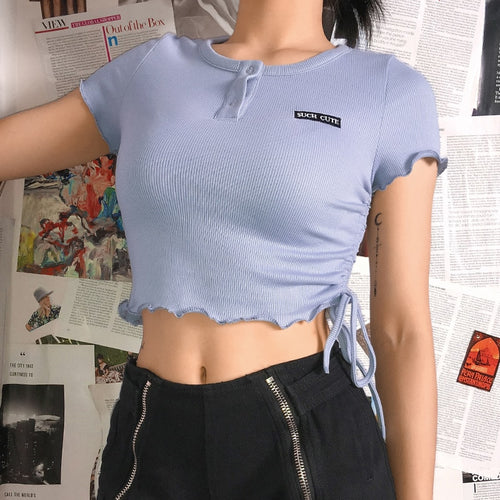 Load image into Gallery viewer, Blue Side Ruched Bandage Basic Short Sleeve O-Neck Letter Aesthetic Button Slim Tees
