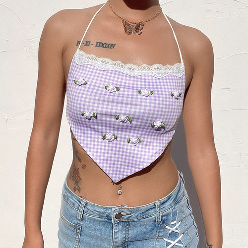 Load image into Gallery viewer, Boho Vintage Plaid Kawaii Crop Tops Sexy Beachwear Lace Patchwork Sleeveless
