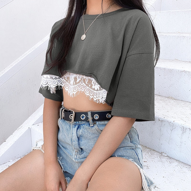 Lace Patchwork Summer Crop Top Casual Leisure Outfit Short Sleeve O-neck Tees