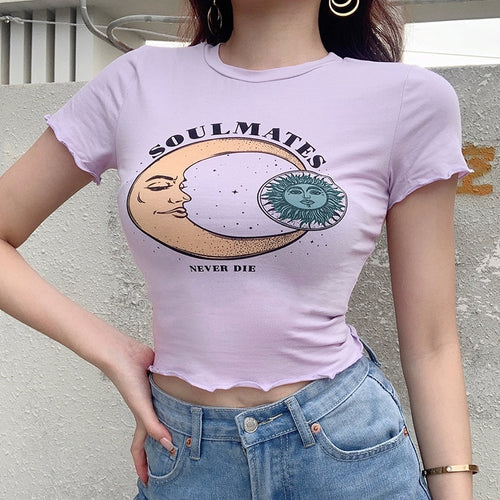 Load image into Gallery viewer, Moon And Sun Printed Cute Summer Crop Tops Short Sleeve O Neck Tees
