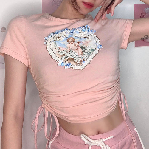 Load image into Gallery viewer, Kpop Short Sleeve Angel Print Casual Drawstring Pink Cropped Tees
