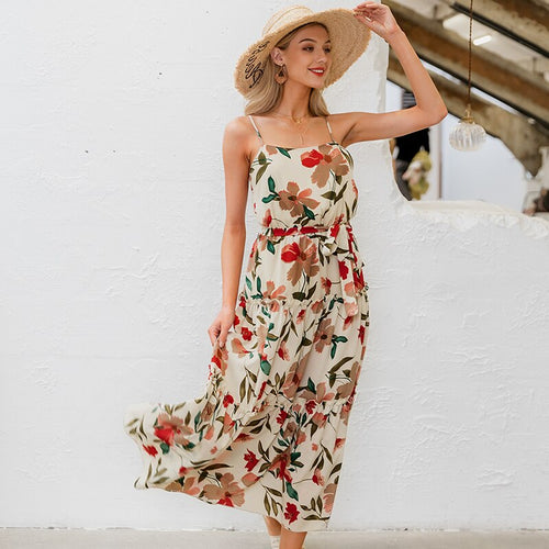Load image into Gallery viewer, Beach Spaghetti Strap Floral Summer Holiday High Waist Bohemian Long Dress
