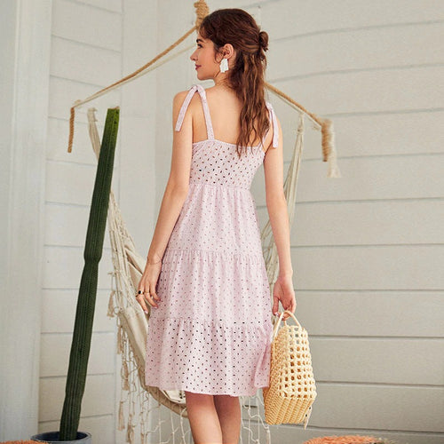 Load image into Gallery viewer, Casual White Summer Beach Bow Knot Shoulder Embroidery Hollow Out Midi Backless Dress
