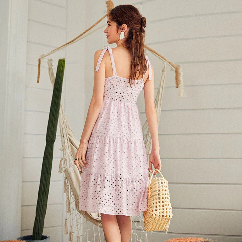 Casual White Summer Beach Bow Knot Shoulder Embroidery Hollow Out Midi Backless Dress