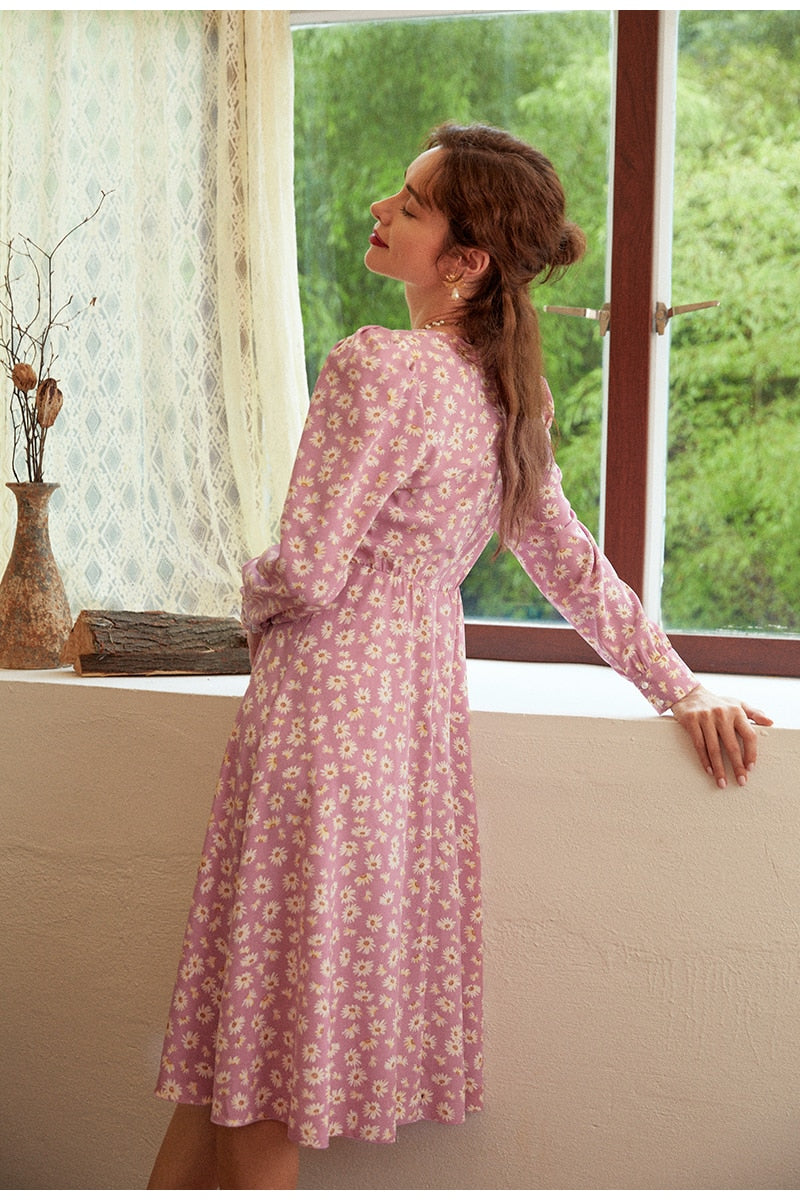 Floral Print Elegant Puff Sleeve A-line V-neck Sash High Waist Office ... Floral Print Elegant Puff Sleeve A-line V-neck Sash High Waist Office ...