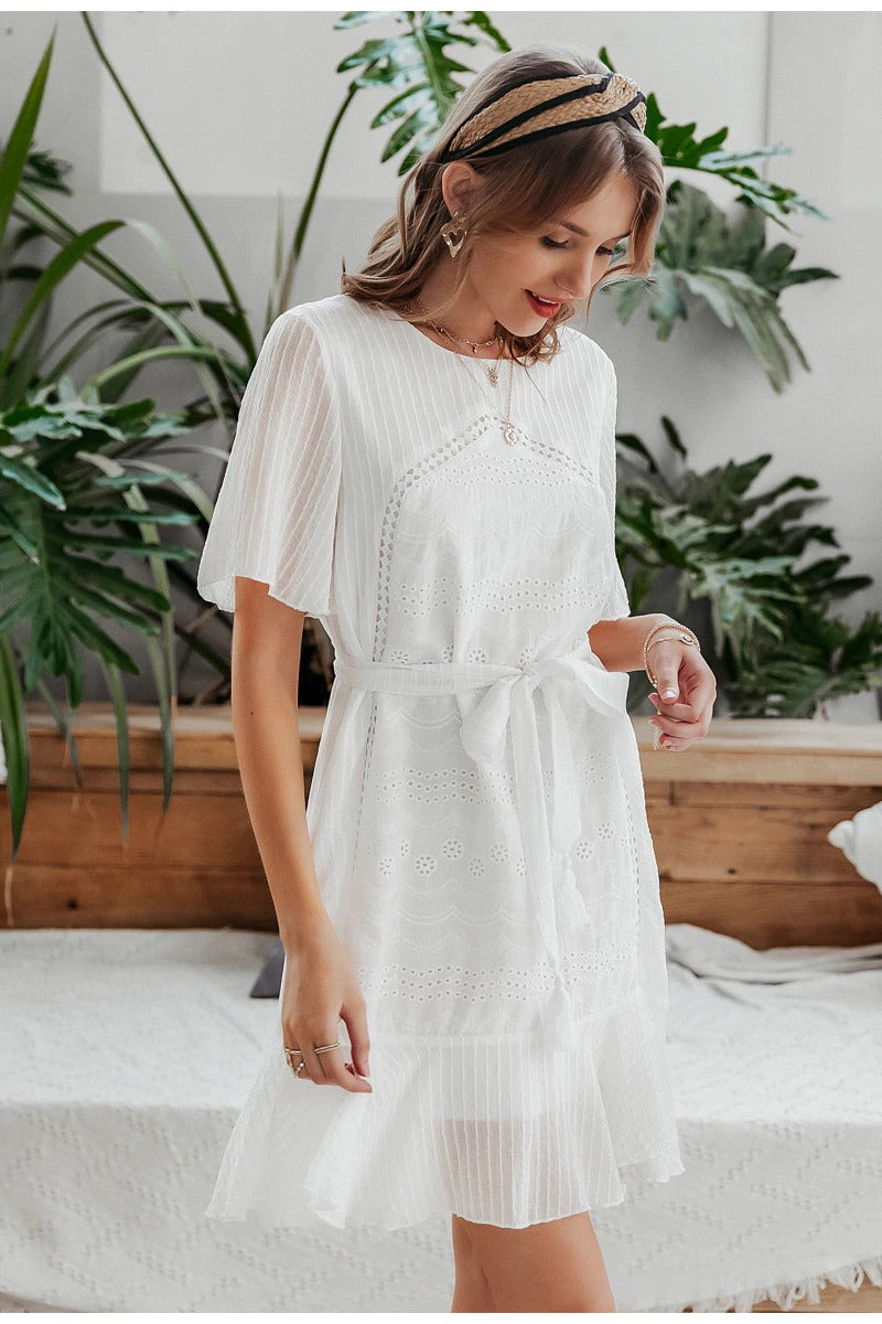 Casual White Summer Ruffle Elegant Cotton Embroidery Mini Dress