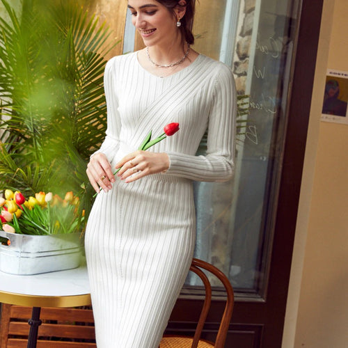 Load image into Gallery viewer, Casual V-neck Knitted Nine Points Sleeve Stripe Splicing Office Sweater Knee Dress
