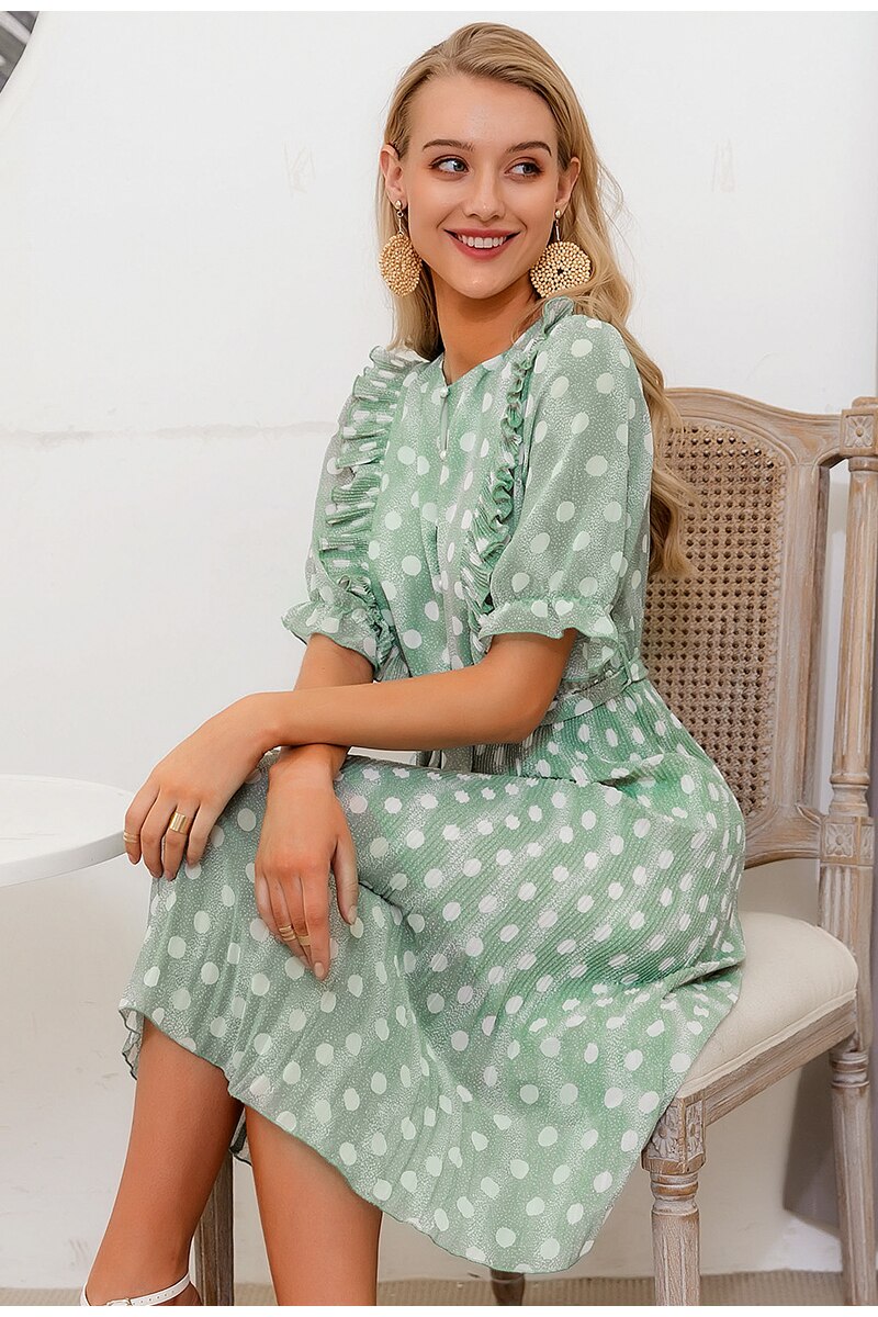 Elegant Dot Print Summer Short Sleeve Ruffle Sash Pearl Buttons A-line Midi Dress