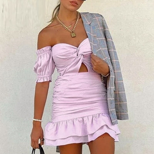 Load image into Gallery viewer, Puff Ruffles Vintage Solid Club Off Shoulder Bodycon Sexy Dress

