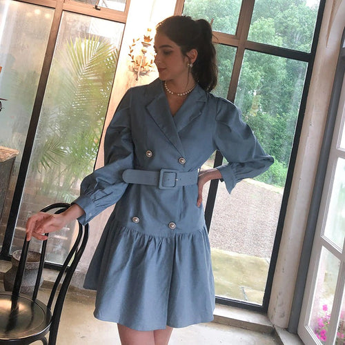 Load image into Gallery viewer, Casual Suit Collar Denim Bubble Sleeves Ruffled Button Midi Dress

